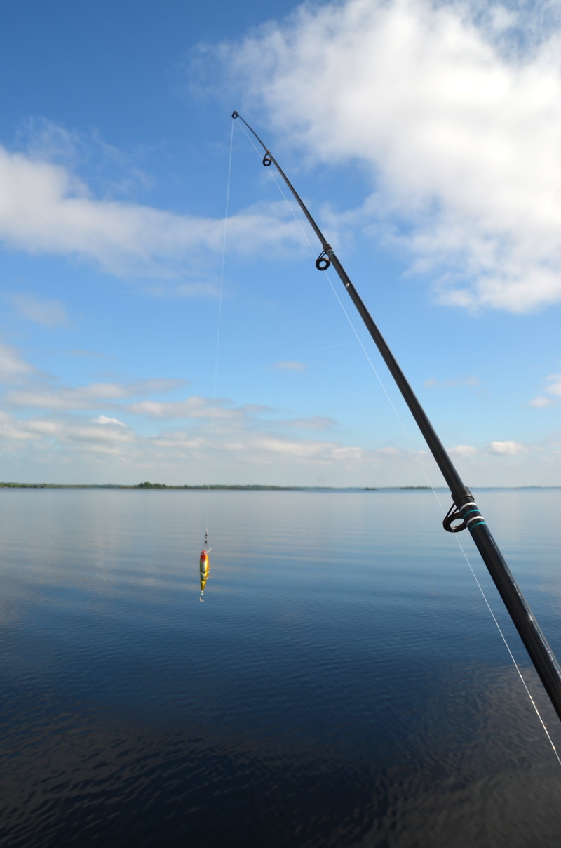 4K, bitten, rod, fishing rod, tranquility, sea, angler, sky, angel, blue, reflection, horizon over water, fishing, waterfront, fish, nature, tranquil scene