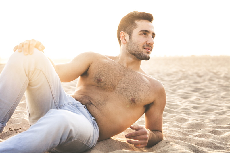 5K, lying, sunlight, sand, lifestyles, modeling, summer, one person, adult, relaxation, sun, shirtless, young men, pose, young adult, sea, beard, handsome