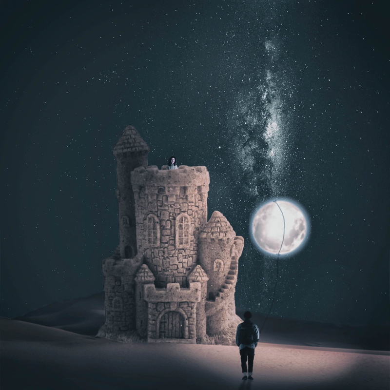 castle, space, woman, astronomy, landscape, full length, nature, desert, sandcastle, one person, leisure activity, star, moonlight, 2K, exploration, night