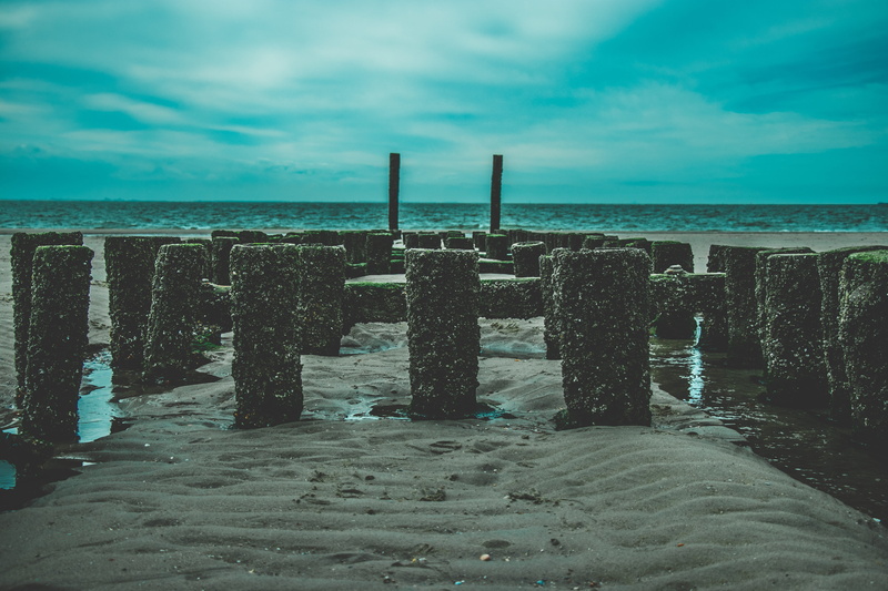 5K, sand, land, post, pillar, scenics - nature, tranquil scene, no people, blue, pier, horizon, sea, sandcastle, tranquility, zoutelande, cloud - sky