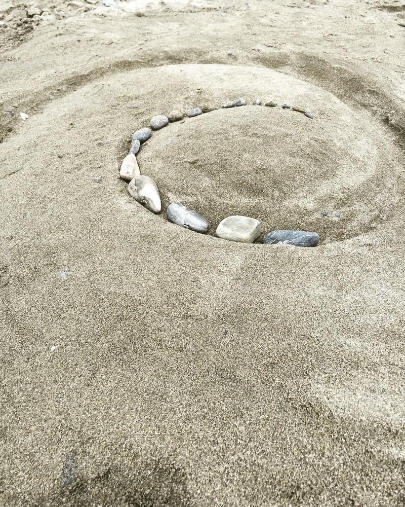 spiral, silver colored, ground, geometric shape, close-up, rock, metal, tranquility, shells, stones, sandcastle, outdoors, still life, ring, sunlight, koru