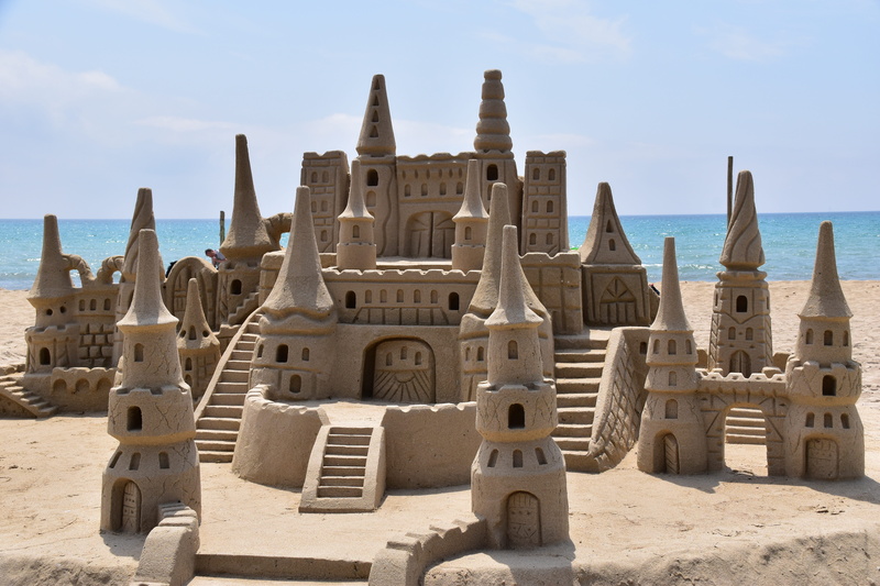sky, beach, history, no people, built structure, land, cloud - sky, sandcastle, outdoors, day, building, horizon over water, 5K, nature, building exterior