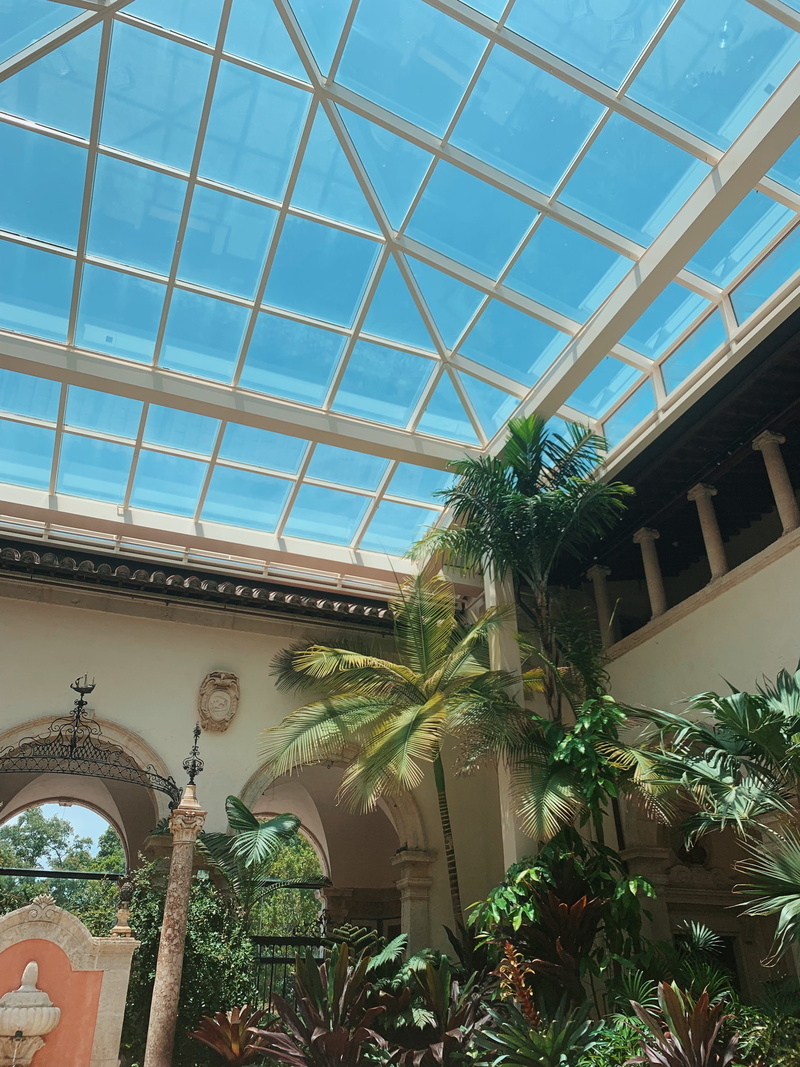 skylight, plant nursery, glass - material, vizcaya museum and gardens, villa, tree, ceiling, miami, day, low angle view, green color, house, potted plant