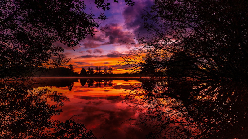 sunset, reflection, orange sky, lake, evening, scenic, 4K, dusk