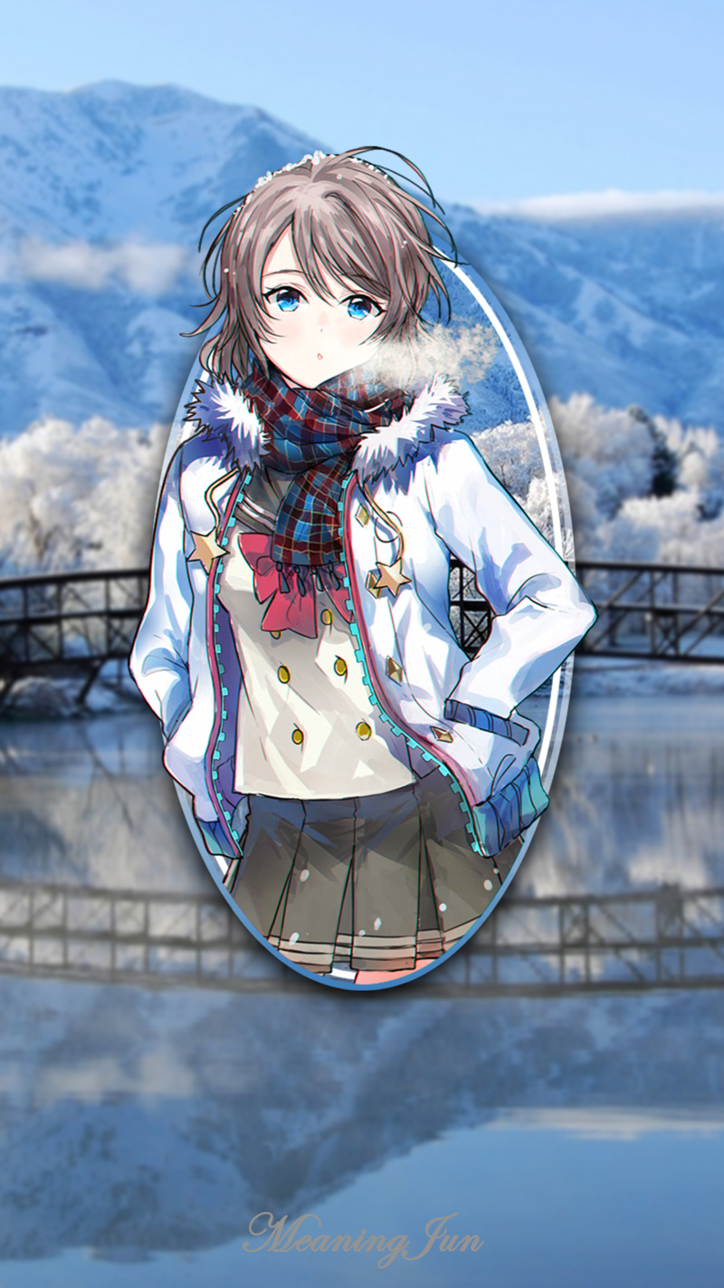 anime girls, river, bridge, picture-in-picture, Love Live!, Love Live! Sunshine, winter, Watanabe You, reflection, MeaningJun, anime, 1080P, 2D, mountains