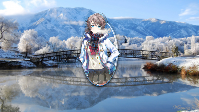 anime girls, reflection, Love Live!, bridge, Love Live! Sunshine, MeaningJun, anime, mountains, river, 2D, winter, 2K, Watanabe You, picture-in-picture