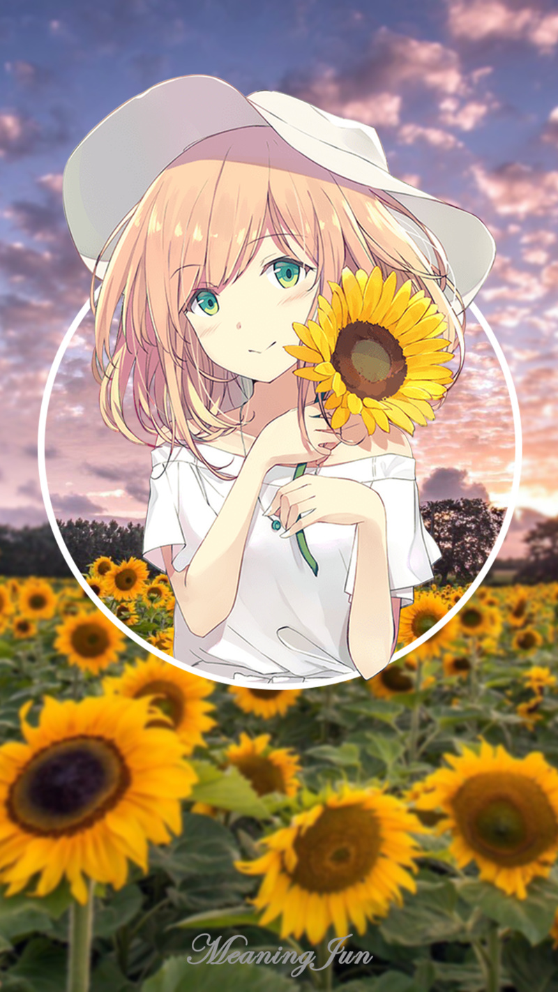 anime, MeaningJun, picture-in-picture, 1080P, 2D, anime girls, sunflowers, sunset