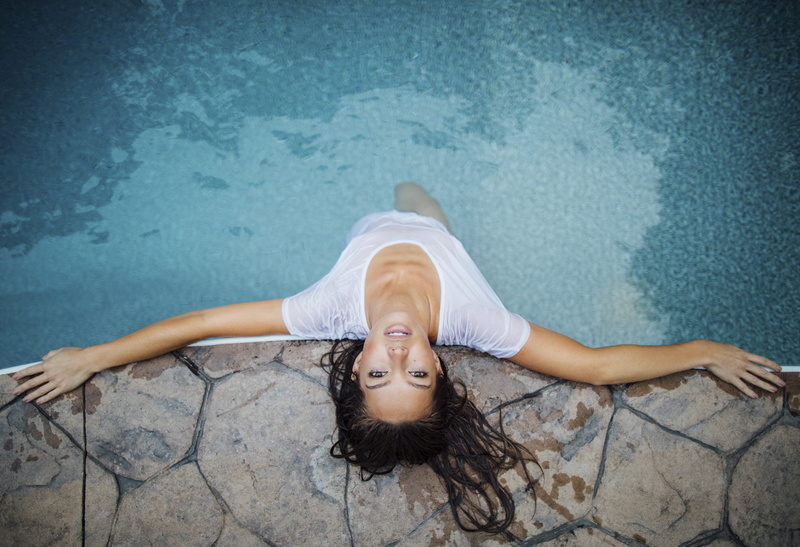 the view from below, top, hair, young adult, relaxation, pool, 5K, s, high angle view, lying down, beautiful woman, enjoyment, happiness, leisure activity