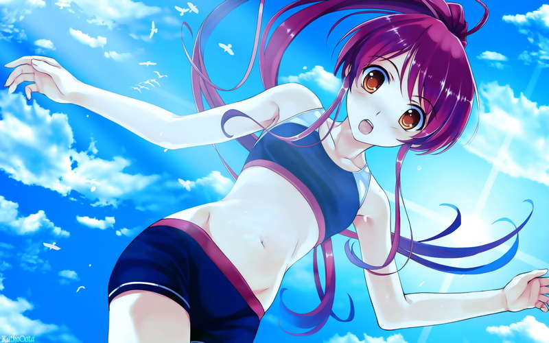 haired, one Person, the sun, maroon, open mouth, cloud - sky, day, from below, pink hair, sport, nature, sky, clip Art, hairstyle ponytail, anime, solo