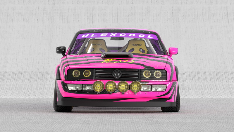 purple cars, rendering, Volkswagen, digital art, pink cars, drift cars, animal print, hood, CGI, scoop, car, simple background, render, minimalism, 2K