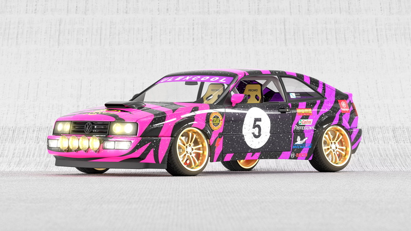 rendering, 2K, lights, CGI, drift, simple background, minimalism, purple cars, digital art, scoop, hood, pink cars, animal print, 3D graphics, render