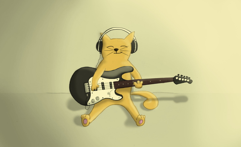 performance, studio shot, representation, 1080P, single object, guitar, yellow, rock music, cat, holding, illustration, no people, string, grin, wall - building feature