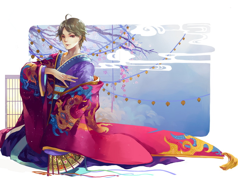 1080P, white background, haikyuu!!, pattern, volleyball!!, Sakura, sugawara koushi, fan, Cape, lanterns, Japanese clothing, guy