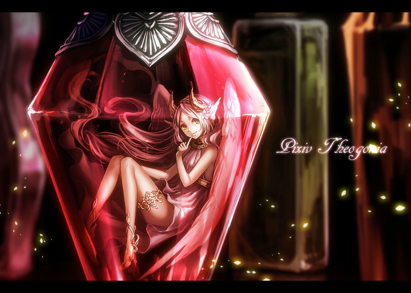 keiji, fantasia, long, hair, eyes, dress, flowers, wings, yellow, white, pivix, 720P, horns, sasama