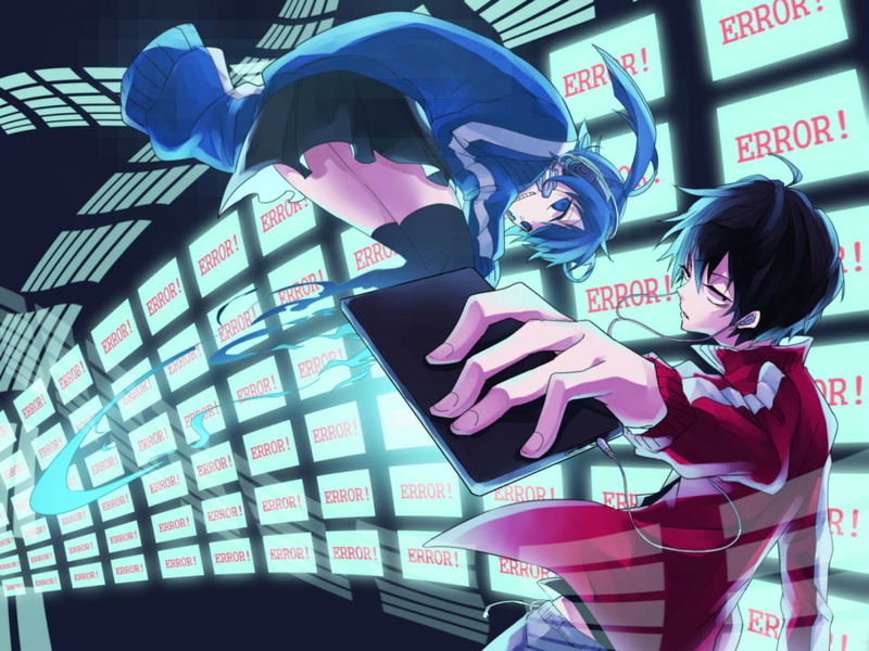 eyes, blue, headphones, thighhighs, kisaragi, 720P, nalwori, black, short, phone, shintaro, hair, ene, skirt, kagerou, project, twintails