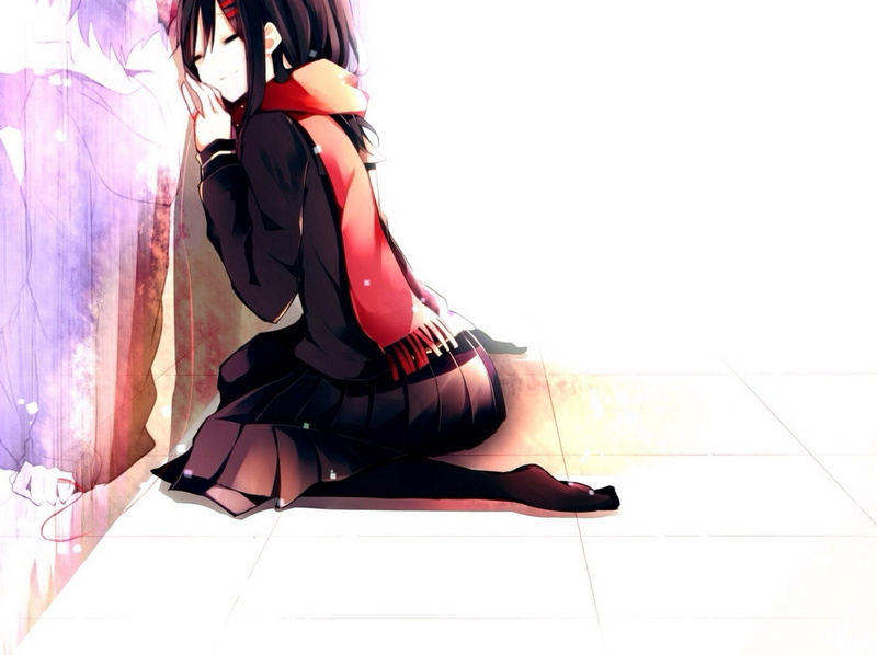 Shintaro Kisaragi, Girl, 1080P, Brown Hair, Ayano Tateyama, Kagerou Project, Long Hair, Anime, Thigh Highs, Scarf, Skirt, Smile