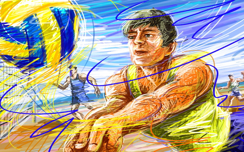 looking at camera, abstract, spirituality, painting, colors, sunlight, backgrounds, volleyball, green, player, front view, art, 1080P, touch, creativity
