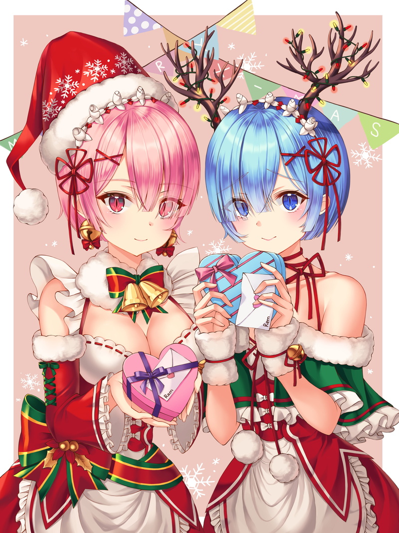 Santa hats, red eyes, short hair, cleavage, blue eyes, Ram (Re: Zero), redhead, blue hair, Rem (Re-zero), maid, horns, Christmas ornaments, 4K, Re:Zero Kara Hajimeru Isekai Seikatsu