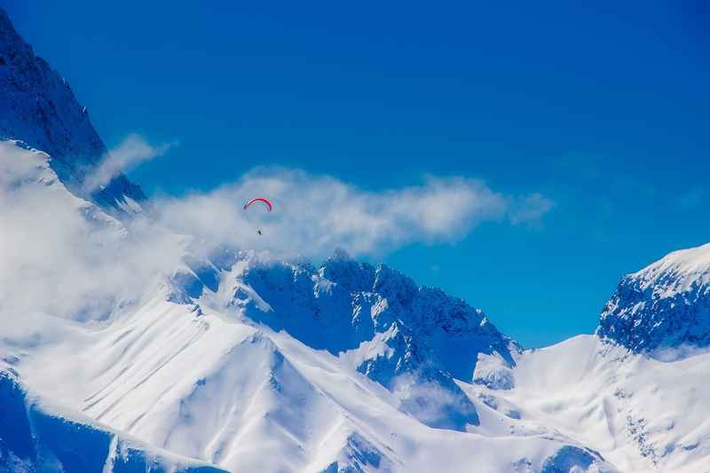 hike, snowcapped mountain, flying, tranquil scene, glacier, parachutist, nature, parachuting, parachute, climb, beauty in nature, landscape, snow, mountain range