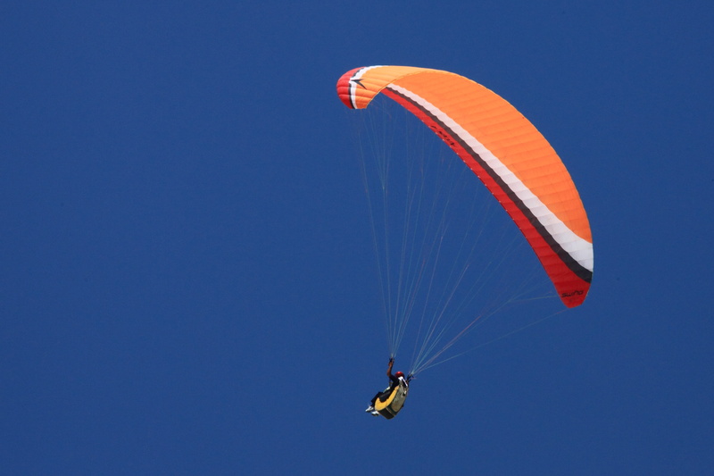 safety harness, gliding, adventure, air, flying, man, nature, skydiving, day, paragliding, clear sky, mid-Air, orange, glider, sky, transportation, men
