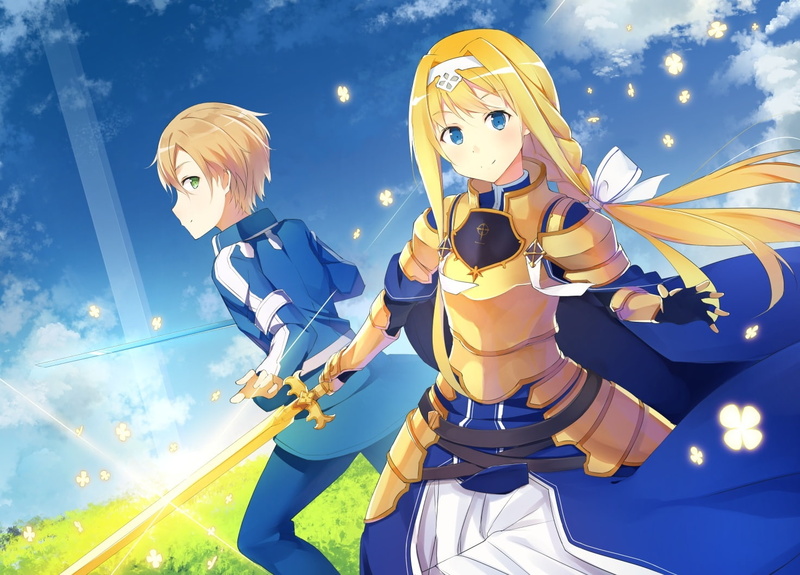 male, clouds, short, green, 238366, eugeo, armor, gloves, weapon, sky, konachan, schuberg, braids, blue, 720P, long, blonde, alice, dress, eyes, com, hair