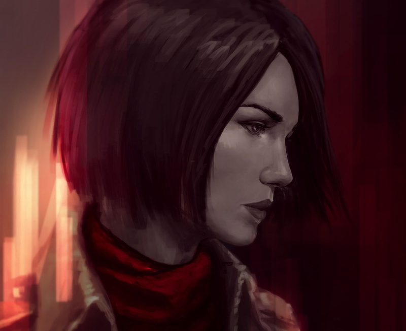 contemplation, graphic, looking away, young women, red, profile, profile view, looking, portrait, female, side view, indoors, beauty, hair, artwork, beautiful woman