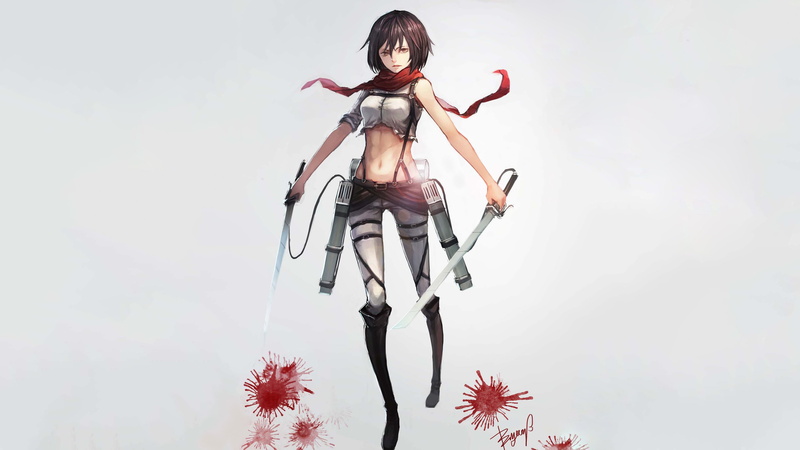 4K, gray background, Mikasa Ackerman, anime girls, Shingeki no Kyojin, weapon