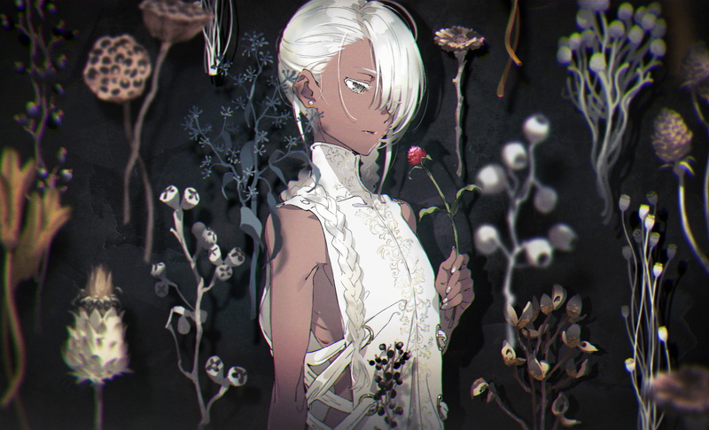 white eye, short hair, dark skin, 2K, yoneyama mai, flower bow, white hair, flowers