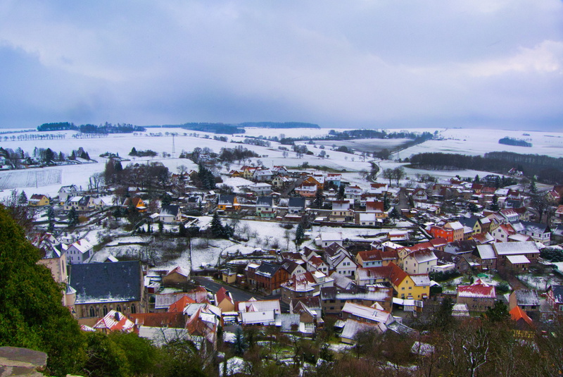 high angle view, house, historically, middle ages, residential district, sky, travel destinations, city, built structure, snow, germany, townscape, ranis