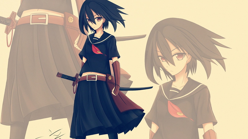 Kurome, katana, simple background, anime, Akame ga Kill!, anime girls, school uniform, 1080P, black hair