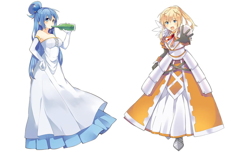 KonoSuba – God’s blessing on this wonderful world!!, Aqua (KonoSuba), white background, clothing, Darkness (KonoSuba), art and craft, Anime, holding, 1080P