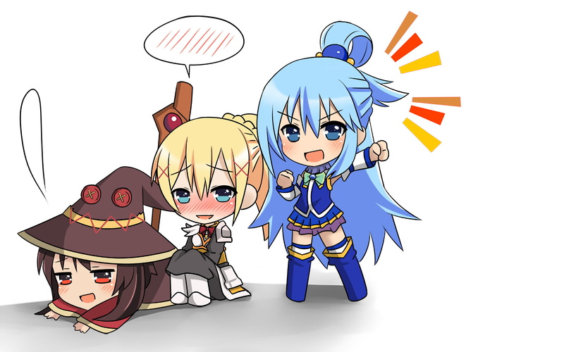 Darkness (KonoSuba), event, cartoon, adult, Anime, KonoSuba, Aqua (KonoSuba), communication, men, human skeleton, Megumin (KonoSuba), halloween, women