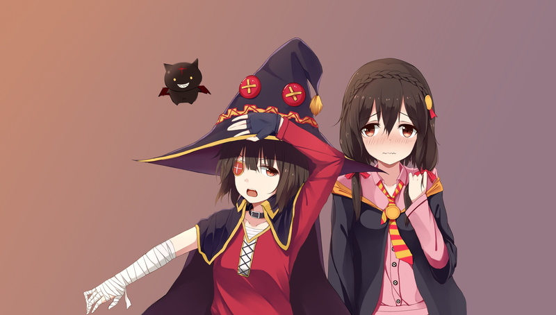 disguise, clothing, costume, two people, traditional clothing, people, indoors, Yunyun (Konosuba), colored background, Megumin, witch, halloween, Kono Subarashii Sekai ni Shukufuku wo!