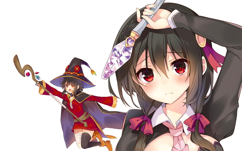 celebration, group of people, KonoSuba, representation, clothing, indoors, human representation, hat, costume, Megumin (KonoSuba), 1080P, traditional clothing