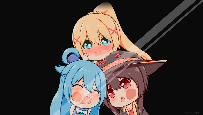people, human representation, craft, Megumin (KonoSuba), representation, Anime, Darkness (KonoSuba), night, KonoSuba, 1080P, male likeness, three, sky