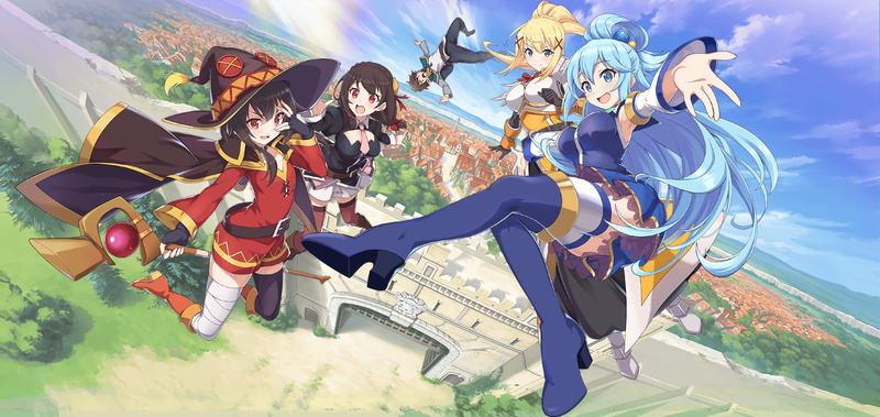 Kazuma, anime girls, Megumin (KonoSuba), Darkness (KonoSuba), Yunyun (Konosuba), Kono Subarashii Sekai ni Shukufuku wo!, Aqua (KonoSuba), 1080P