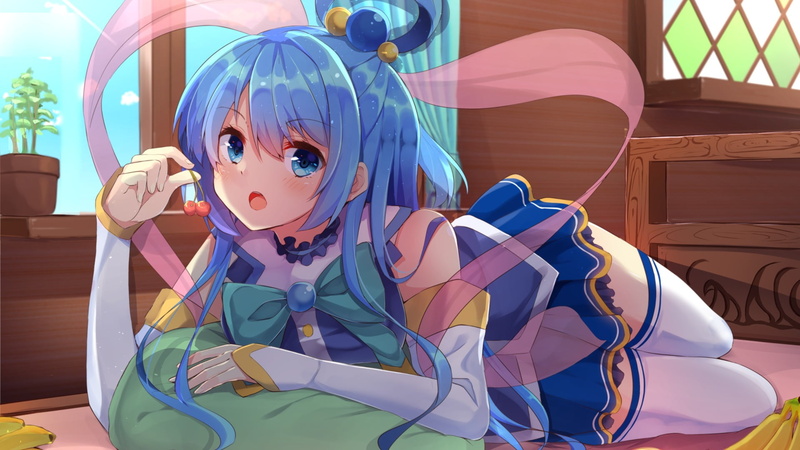 home interior, table, human representation, creativity, representation, blue, 1080P, portrait, front view, day, one person, innocence, Kono Subarashii Sekai ni Shukufuku wo!