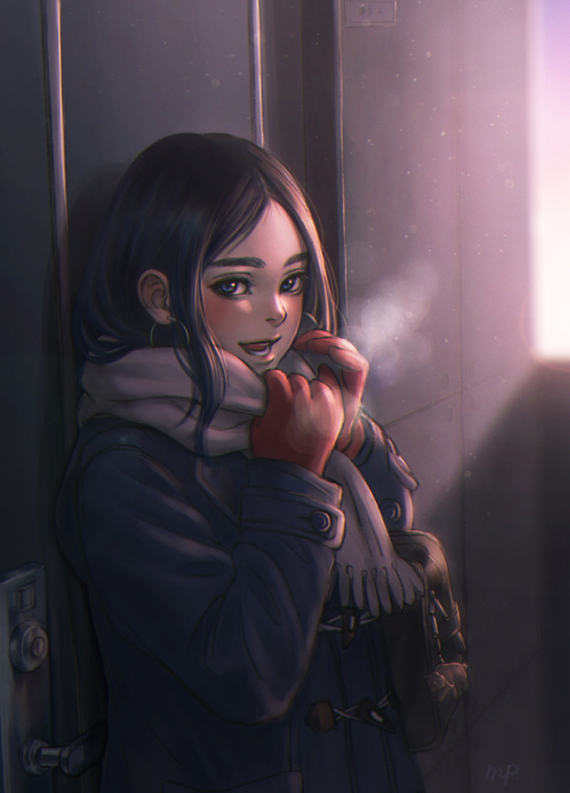 clothing, hairstyle, one person, beauty, real people, looking, scarf, Golden Kamuy, warm clothing, window, standing, waist up, 2K, women, lifestyles, Asirpa (Golden Kamuy)