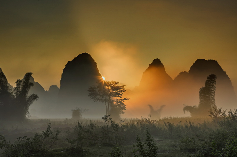 photography, scenics - nature, ngoc con cao bang vietnam, beauty in nature, 5K, smog, silhouette, sunset, mist, environment, the morning, coniferous tree
