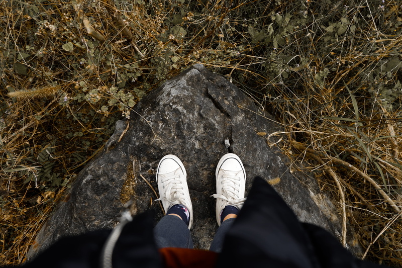 shoes, human leg, shoe, unrecognizable person, lanscape, ground, nature, human body part, suede, rock, leisure activity, apparel, high angle view, 4K