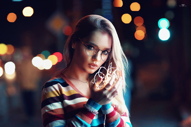 Katerina, lights, girl, glasses, 1080P, Dmitry Arhar