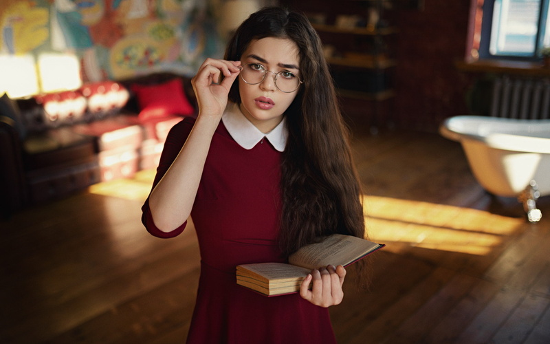 women, books, women with glasses, 1080P, portrait, Sergey Fat