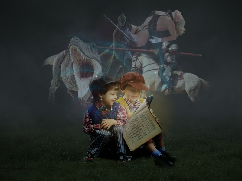 read, fantasy picture, knight, full length, standing, adventure, children, dreams, males, representation, two, fantasy, group of people, nature, 4K, women