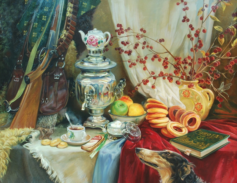 close-up, the table, hunter, Russian, container, large group of objects, art, book, food and drink, painting, choice, indoors, retro Styled, samovar, the gun
