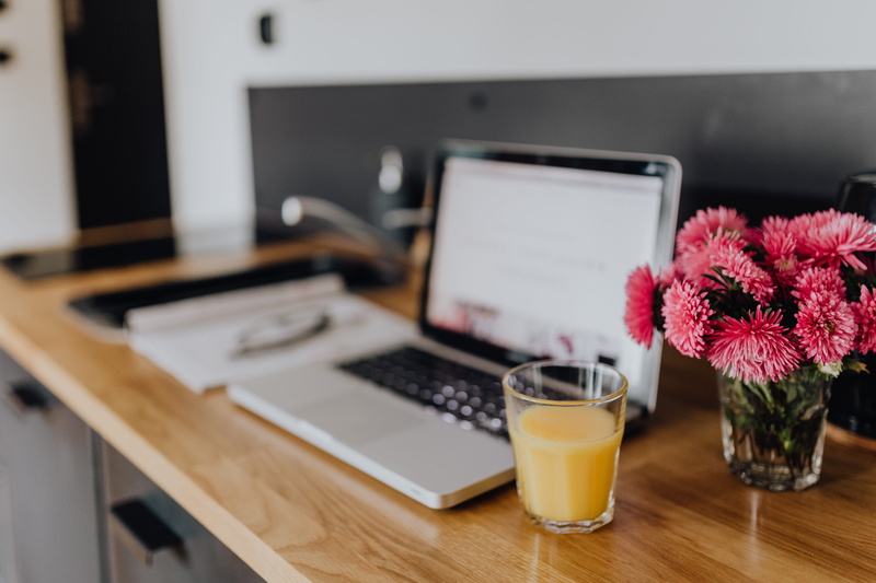 pink, vase, wireless technology, flora, macbook, technology, no people, home office, shelf, fresh, nature, glass, marble, connection, bouquet, 4K, business