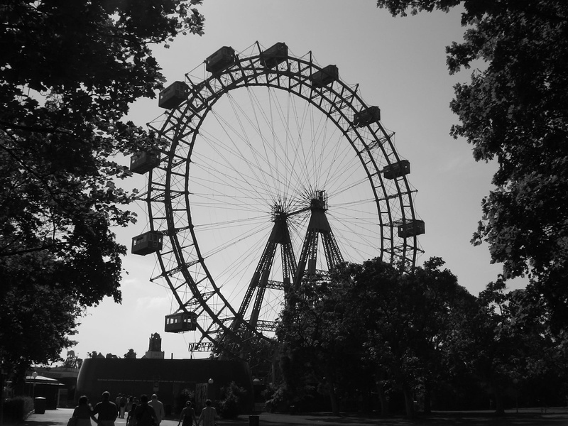 tree, sky, travel, outdoors, black and white, leisure activity, day, funfair, group of people, plant, amusement park ride, big city, romantica, ferris wheel