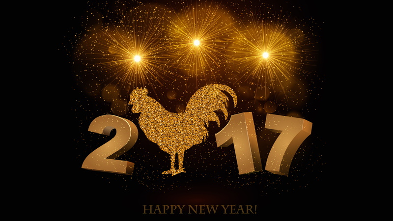 gold, the inscription, fireworks, black, salute, cock, lights, new year, Shine, figures, symbol of the year, letters, happy new year, symbol, new 2017