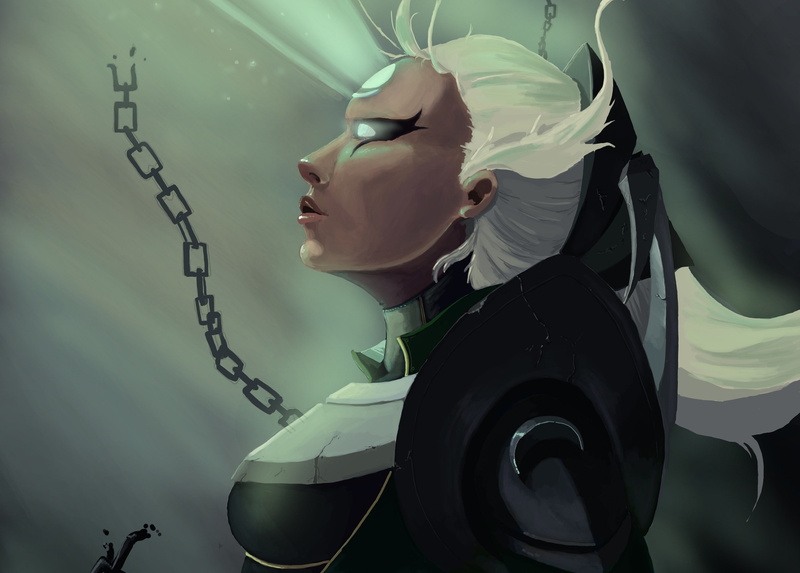 diana, 2K, art, ray, league of legends, profile, white hair, chain, girl
