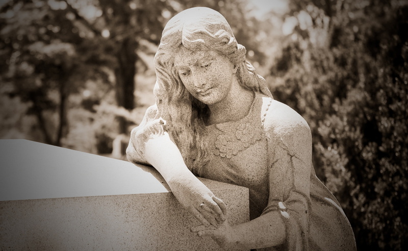 sitting, women, lifestyles, hairstyle, looking down, Vintage, focus on foreground, plant, one person, Elmwood Cemetery, Statue, front view, casual clothing