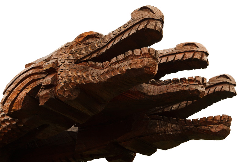dragon, wooden, craft, Dragon, the past, fantasy, religion, clear sky, statue, mythology, chocolate, spirituality, 5K, sky, close-up, three, headed, sculpture